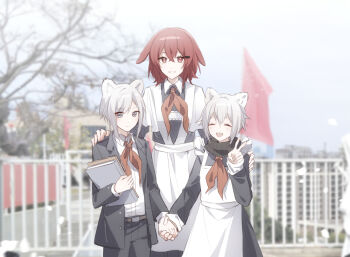 1boy 2girls ^_^ age_difference animal_ears apron arknights bear_ears blurry blurry_background blush book brother_and_sister closed_eyes collared_shirt commentary_request cowboy_shot crownslayer_(arknights) eyes_visible_through_hair frilled_apron frills grey_eyes grey_hair hair_between_eyes hair_ornament hairclip hand_on_another&#039;s_shoulder hand_up highres holding holding_book holding_hands hyena_ears jacket long_sleeves looking_at_viewer misha_(arknights) multiple_girls neckerchief partial_commentary photo_background red_hair red_neckerchief school_uniform shadow71580825 shirt short_hair siblings sidelocks skullshatterer_(arknights) smile soviet_school_uniform standing suit_jacket turtleneck tuxedo v white_apron