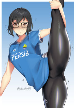 1girl absurdres adidas artist_self-insert black_hair black_legwear blue_shirt blush breasts brown_eyes cameltoe embarrassed flying_sweatdrops glasses highres leg_hold leg_up looking_at_viewer lulu-chan92 lulu_chan92_(character) medium_breasts nervous original persib_bandung shiny_clothes shirt short_hair smile soccer soccer_uniform solo split sportswear standing standing_on_one_leg standing_split sweatdrop trembling twitter_username
