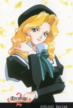 1girl arm_under_breasts black_dress black_hat blonde_hair blue_bow bow copyright_name dress eberouge hat juliet_sleeves long_hair long_sleeves looking_at_viewer non-web_source official_art puffy_sleeves scan smile solo