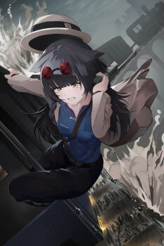 1girl absurdres animal_ears arknights belt black_belt black_hair black_pants blue_shirt braid breasts coat collarbone dynamic_pose eyewear_on_head full_body grey_coat grey_hat gun handgun hat highres holding holding_gun holding_weapon jambaeng jessica_(arknights) jessica_the_liberated_(arknights) jessica_the_liberated_(ride_to_davistown)_(arknights) locomotive long_hair long_sleeves medium_breasts official_alternate_costume pants railroad_tracks red-tinted_eyewear round_eyewear scared shirt smoke solo steam_locomotive tearing_up tinted_eyewear train weapon yellow_eyes