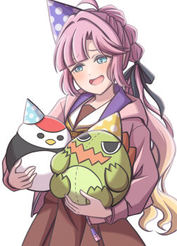 1girl :d ahoge anyoji_hime blonde_hair blue_eyes blue_hat brown_dress commentary_request curtained_hair dress ganbarai gonzales_(love_live!) gradient_hair hair_intakes hasu_no_sora_school_uniform hat holding holding_stuffed_toy hood hooded_jacket jacket link!_like!_love_live! long_hair long_sleeves love_live! multi-tied_hair multicolored_hair neckerchief open_clothes open_jacket open_mouth parted_bangs party_hat pink_hair pink_jacket pleated_dress ponytail purple_hat sailor_collar sailor_dress school_uniform side_part sidelocks simple_background smile solo stuffed_animal stuffed_bird stuffed_dinosaur stuffed_toy tsuru_(love_live!) very_long_hair virtual_youtuber white_background white_sailor_collar winter_uniform yellow_hat yellow_neckerchief