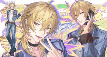 ... abstract_background adam's_apple ahoge apple belt black_choker blonde_hair border brown_belt brown_shoes bubble_tea casual choker collared_jacket colored_shadow commentary_request crossed_bangs dated denim denim_jacket double-parted_bangs drop_shadow earrings ensemble_stars! fashion fish food fruit full_body grey_eyes grin hakaze_kaoru halftone hand_on_own_hip happy_birthday head_tilt highres holding holding_phone inward_v jacket jeans jewelry long_sleeves looking_at_viewer lower_teeth_only male_focus medium_hair multiple_earrings multiple_necklaces multiple_views necklace open_mouth outline pancake pancake_stack pants parted_lips phone purple_background purple_outline ru_kosin shadow shirt shoes silver_earrings silver_necklace sleeve_cuffs smile spoken_ellipsis teeth torn_clothes torn_jeans torn_pants twitter_username v v-shaped_eyebrows white_border white_outline white_shirt wolf_cut yellow_background