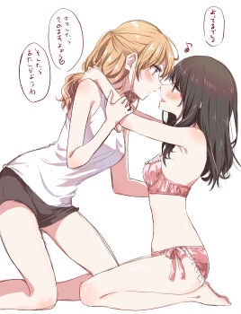 2girls absurdres black_shorts blonde_hair blush bra brown_hair eighth_note hand_on_another&#039;s_arm hand_on_another&#039;s_shoulder highres long_hair multiple_girls musical_note open_mouth original panties pink_bra pink_panties shorts simple_background smile speech_bubble tank_top tottoto_tomekichi translation_request underwear underwear_only white_background white_tank_top yuri
