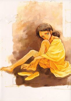 1girl barefoot bindi bottomless brown_hair dark_skin dark-skinned_female feet female_focus green_eyes gundam gundam:_secret_rendezvous highres indian lalah_sune long_legs mobile_suit_gundam no_panties sitting solo third-party_edit