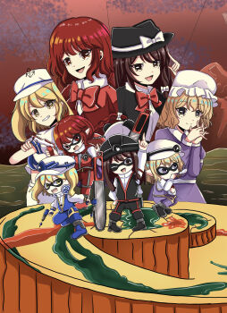 4girls absurdres alternate_costume anchor_hair_ornament black_boots black_hat black_jacket black_pants black_skirt blonde_hair blowing_bubbles blue_boots blue_jacket blue_pants boots bow bowtie braid brown_eyes brown_hair cape closed_mouth clothing_request collared_dress collared_shirt commentary_request contrast_collar crossed_arms dream-space_occult_class_(touhou) dress goggles grin hair_bow hair_ornament hand_on_own_hip hat hat_bow headlamp highres index_finger_raised jacket kamina_pose kitashirakawa_chiyuri kuronon long_hair looking_at_viewer maribel_hearn medium_hair mini_person mob_cap multiple_girls nintendo okazaki_yumemi open_mouth own_hands_together pants parody pointing pointing_up purple_dress purple_eyes purple_jacket purple_pants red_bow red_bowtie red_cape red_eyes red_hair sailor_hat shirt shirt_tucked_in short_sleeves shorts skirt sleeveless sleeveless_jacket smile splatoon_(series) textless_version touhou touhou_(pc-98) usami_renko white_hat white_shirt white_shorts yellow_eyes
