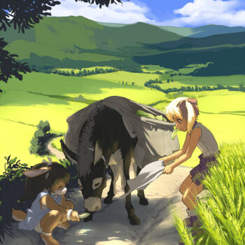 2girls animal blonde_hair blue_dress body_fur boots brown_fur brown_hair commentary_request donkey dress feeding full_body furry furry_female grey_shirt kikurage_(crayon_arts) mountain multiple_girls original outdoors ponytail rabbit_girl shirt short_hair shorts sleeveless sleeveless_shirt tail twintails valley