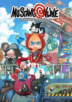 2boys 2girls animal animal_hood animal_on_head baseball_cap black-framed_eyewear black_hair black_hat black_nails blonde_hair blue_eyes blue_hat blue_sky bomb bow bowtie cat cat_hood cat_on_head chain cigarette commentary_request cyanporoco day explosive facial_hair fingernails full_body glasses goatee green_hat grin gun hat hood hood_up hoodie korean_commentary looking_at_viewer multiple_boys multiple_girls on_head original outdoors plaid_bow plaid_bowtie plaid_clothes purple_bow purple_bowtie purple_hat red_hoodie rocket_launcher rolling_suitcase rpg_(weapon) short_hair skirt skull_and_crossbones sky smile smoking standing suitcase union_jack weapon white_skirt witch_hat