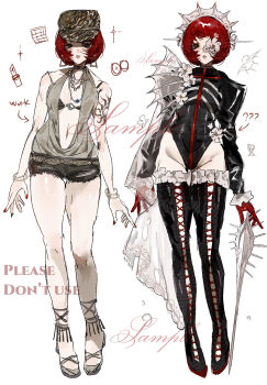 2girls adoptable arm_tattoo baydee belt black_boots black_jacket black_leotard black_thighhighs boots bra bracelet breasts brown_belt brown_eyes brown_hat brown_sandals brown_shorts chinese_commentary clothing_request commentary_request dual_persona earrings flower frilled_thighhighs frills full_body gloves hat highres hip_dips jacket jewelry lace-up_boots layered_sleeves leotard long_sleeves looking_at_viewer multiple_bracelets multiple_girls multiple_necklaces navel necklace o-ring o-ring_bra original plunging_neckline red_gloves red_hair red_nails revealing_clothes sample_watermark sandals see-through_clothes see-through_sleeves shirt short_bangs short_hair short_shorts shorts simple_background sleeveless sleeveless_shirt small_breasts stomach tattoo thigh_boots thighhighs thighs triangle_earrings underwear watermark white_background white_flower white_headdress