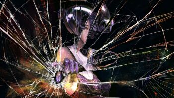 1girl apron bomb_devil_(chainsaw_man) chainsaw_man cracked_screen doeun_o_o gloves green_eyes highres looking_at_viewer pointing pointing_at_viewer purple_apron purple_gloves purple_hair reze_(chainsaw_man) shirt short_sleeves white_shirt