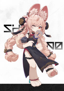 1girl absurdres ahoge animal_ear_fluff animal_ear_piercing animal_ears animal_feet anklet belt black_border black_dress border braid braided_twintails bright_pupils china_dress chinese_clothes closed_mouth commentary_request cosplay dress full_body furry hand_fan hand_on_own_hip highres jewelry long_hair looking_at_viewer one_eye_closed pelvic_curtain pink_fur pink_hair rabbit_ears rabbit_girl red_eyes short_eyebrows smile solo standing standing_on_one_leg sweety_(zenless_zone_zero) sweety_(zenless_zone_zero)_(cosplay) thick_eyebrows thigh_belt thigh_strap tooraracat tuanshan white_background white_pupils zenless_zone_zero zhao_(zenless_zone_zero)