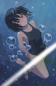 1girl air_bubble amagami asphyxiation ball_and_chain_restraint barefoot black_eyes black_hair black_one-piece_swimsuit blue_one-piece_swimsuit botan_m bound bound_wrists bubble closed_mouth collarbone commentary_request competition_swimsuit crapping_self defecating drowning egg_vibrator fart full_body highres holding_breath light_censor nanasaki_ai one-piece_swimsuit paid_reward_available restrained sex_toy short_hair sinking soles solo struggling submerged swimsuit two-tone_one-piece_swimsuit two-tone_swimsuit underwater vibrator vibrator_under_swimsuit water