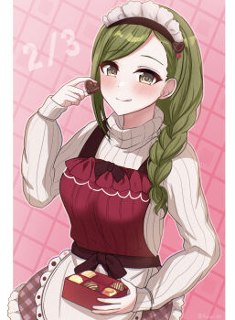 1girl :q absurdres apron blush chocolate commentary_request dated food green_hair highres holding holding_chocolate holding_food idolmaster idolmaster_shiny_colors long_braid long_hair long_sleeves looking_at_viewer maid_apron maid_headdress nanakusa_hazuki pillarboxed ribbed_sweater ronpa single_sidelock smile solo sweater swept_bangs tongue tongue_out white_sweater