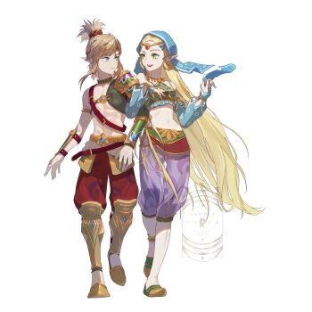 1boy 1girl aqua_eyes aqua_scarf aqua_sleeves armor armored_boots bare_shoulders blonde_hair boots breasts bridal_gauntlets circlet closed_mouth commentary couple crop_top desert_voe_set_(zelda) detached_sleeves earrings full_body gem gerudo_set_(zelda) gold_trim green_eyes green_headband green_shirt green_shoes hair_ornament hairclip harem_outfit harem_pants hashtag-only_commentary headband headscarf hetero high_ponytail highres holding_another&#039;s_arm jewelry link locked_arms long_hair medium_breasts medium_hair midriff navel nintendo official_alternate_costume open_mouth pants parted_bangs pauldrons pointy_ears ponytail princess_zelda purple_pants red_gemstone red_pants scarf shirt shoes shoulder_armor sidelocks single_bare_shoulder single_pauldron smile the_legend_of_zelda the_legend_of_zelda:_breath_of_the_wild tianyexiping vambraces walking white_background