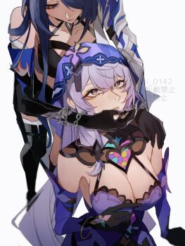 2girls absurdres acheron_(honkai:_star_rail) bare_shoulders black_boots black_gloves black_swan_(honkai:_star_rail) boots breasts brown_eyes chain chain_bracelet cleavage closed_mouth commentary elbow_gloves fake_claws gloves hand_on_another's_face hashtag-only_commentary highres honkai:_star_rail honkai_(series) large_breasts long_hair multiple_girls purple_eyes purple_gloves purple_hair shino_(moi_0142) simple_background thigh_boots veil watermark white_background yuri