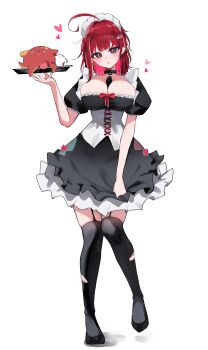 1girl :o absurdres ahoge akane_lize animal_print between_breasts black_choker black_dress black_garter_straps black_thighhighs bow breasts center-flap_bangs choker cleavage commentary corset creature dated_commentary double-parted_bangs dress dress_bow full_body garter_straps grey_eyes hair_intakes hand_up highres holding holding_tray huge_ahoge large_breasts leg_up looking_at_viewer low_neckline maid maid_headdress medium_hair mole mole_under_eye parted_lips pienna_(akane_lize) red_bow red_hair short_dress short_sleeves simple_background solo standing stellive thighhighs torn_clothes torn_thighhighs tray variant_set virtual_youtuber white_background white_corset yeomhwauranyum