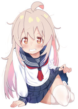 1girl absurdres ahoge blue_sailor_collar blue_skirt blush brown_eyes commentary_request grin hair_between_eyes highres long_hair long_sleeves looking_at_viewer neckerchief onii-chan_wa_oshimai! oyama_mahiro pink_hair red_neckerchief sailor_collar school_uniform serafuku shiina_excel simple_background skirt smile solo teeth thighhighs thighs white_background white_thighhighs