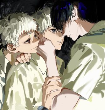 Rule 34 | 3boys, avandee11949, black hair, collared shirt, grey eyes, group sex, hair between eyes, hand on another's cheek, hand on another's face, hand on another's shoulder, highres, hikaru ga shinda natsu, holding another's arm, indou hikaru, indou hikaru (human), looking at another, male focus, mmm threesome, mole, mole on cheek, mole under mouth, multiple boys, parted lips, red pupils, shirt, short hair, smile, threesome, tsujinaka yoshiki, white hair, white shirt, yaoi