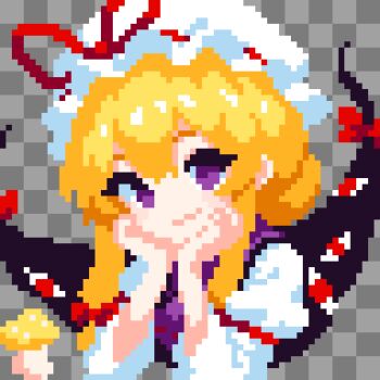 1girl blonde_hair blush bow commentary_request dress gap_(touhou) grey_background hair_bow hair_bun hair_ribbon hair_up hands_on_own_face hands_up hat hat_ribbon highres long_hair mob_cap pixel_art purple_dress purple_eyes purple_tabard red_bow red_eyes ribbon sidelocks simple_background smile tabard takeez3 touhou upper_body yakumo_yukari