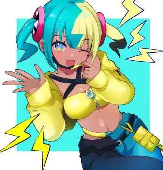 1girl aqua_hair black_mask blonde_hair blue_eyes breasts canari_(pokemon) center-flap_bangs commentary_request criss-cross_halter criss-cross_straps dark-skinned_female dark_skin dodotsuki halterneck happy heart highres jacket looking_at_viewer mask mask_pull midriff mouth_mask multicolored_hair navel nintendo open_mouth pants pokemon pokemon_legends:_z-a short_twintails smile solo split-color_hair sports_bra twintails two-tone_hair two-tone_mask two-tone_pants waving yellow_jacket yellow_mask yellow_sports_bra zipper