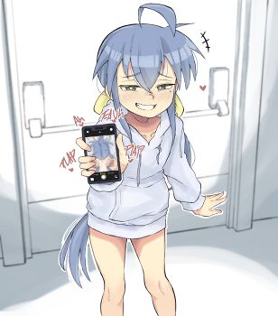 1girl absurdres ahoge blue_eyes blue_hair blush cellphone commentary door female_focus female_pervert grabbing_another's_hair green_eyes grin heart highres holding holding_another's_hair holding_phone hood hoodie huge_ahoge indoors izumi_konata long_hair looking_at_viewer lucky_star matching_hair/eyes mole mole_under_eye narrowed_eyes naughty_face pervert phone plap ponytail pornography sidelocks smartphone smile solo sound_effects standing sweater very_long_hair white_hoodie white_sweater zlix0n