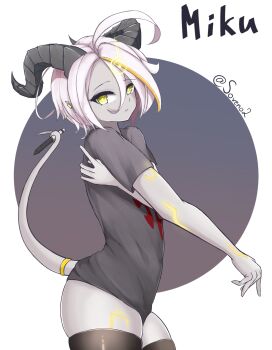 1girl black_legwear black_shirt closed_mouth colored_skin commentary cowboy_shot demon_girl draenei english_commentary grey_skin highres holding horns looking_at_viewer multicolored_hair original self-upload shirt short_hair simple_background solo soveno standing streaked_hair tail tattoo warcraft white_background white_hair world_of_warcraft yellow_eyes