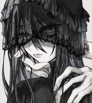 Rule 34 | 1girl, black hair, black shirt, black sweater, black veil, closed mouth, expressionless, eyelashes, funeral veil, hair between eyes, hands on another's face, hands on another's shoulder, highres, lace veil, long hair, looking at viewer, original, pale skin, portrait, see-through clothes, see-through veil, shirt, simple background, solo, solo focus, sweater, taezuodoru 0, veil, white background, white eyes