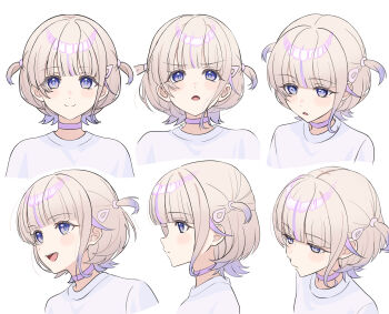1girl :d absurdres azusamaru blonde_hair commentary_request expression_chart highres hololive hololive_dev_is looking_at_viewer multicolored_hair multiple_expressions multiple_views open_mouth purple_eyes purple_hair shirt short_hair simple_background smile solo streaked_hair todoroki_hajime todoroki_hajime_(1st_costume) two_side_up virtual_youtuber white_background white_shirt
