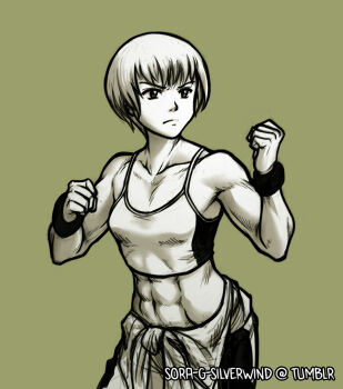 1girl abs alternate_muscle_size bracelet breasts clenched_hands closed_mouth clothes_around_waist collarbone commentary english_commentary grey_background greyscale huang_pao-lin jewelry midriff monochrome navel short_hair simple_background solo soragsilverwind sports_bra tiger_&amp;_bunny toned toned_female tumblr_username very_short_hair