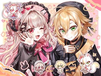 Rule 34 | 1boy, 1girl, ;d, ameko (ecko 13z), ascot, black ascot, black capelet, black hat, black ribbon, black shirt, black sleeves, blonde hair, blunt bangs, blush, bonnet, border, bow, brooch, capelet, chibi, chibi inset, chinstrap, closed mouth, collared shirt, colored inner hair, drawn heart, drawn star, dress, drill hair, earclip, earrings, fang, flipped hair, frilled bonnet, frilled capelet, frilled dress, frilled sleeves, frills, gradient background, green eyes, grey hair, hair between eyes, hair intakes, hair ornament, hair ribbon, hairpin, hand on own chest, hat, heart, highres, jewelry, long hair, long sleeves, looking at viewer, magical boy, magical girl, makaino ririmu, mascot, multicolored hair, neck ribbon, nijisanji, official alternate costume, official alternate hairstyle, one eye closed, open mouth, outside border, pink background, pink bow, pink dress, pink hair, pink ribbon, pink streaks, pointy ears, puffy long sleeves, puffy sleeves, purikura, red eyes, red ribbon, ribbon, shirt, short hair, sidelocks, smile, standing, streaked hair, two-tone hair, two side up, upper body, uzuki kou, variant set, vest, virtual youtuber, waving, white border, winged heart, x hair ornament, yellow background, yellow vest