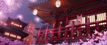 Rule 34 | 1girl, absurdres, cherry blossoms, clrawing, commentary request, cone hair bun, fireworks, food, grey eyes, hair bun, heterochromia, highres, holding, holding food, holding popsicle, japanese clothes, kimono, korean commentary, lantern, night, paper lantern, pink hair, popsicle, socks, solo, stellive, striped clothes, striped socks, tail, tenko shibuki, wolf girl, wolf tail, yellow eyes