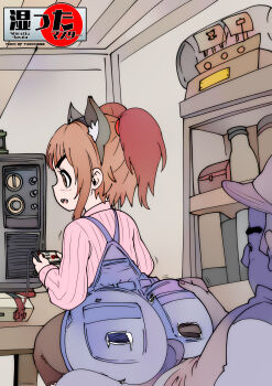 1boy 1girl absurdres age_difference animal_ears artist_name ass ass_grab blush book bottle brown_hair bulge buttjob buttjob_over_clothes ceiling controller english_text fake_animal_ears game_console game_controller hand_on_another's_ass hat hetero highres huge_ass indoors japanese_text loli long_sleeves nes open_mouth original profile shimetta_masuta sitting sitting_on_lap sitting_on_person striped television vertical_stripes