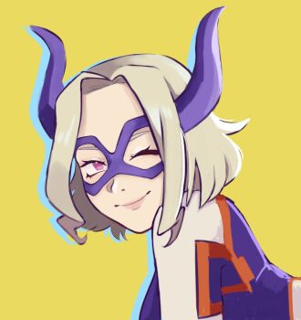 Rule 34 | 1girl, ;), absurdres, ayarain, blonde hair, bodysuit, boku no hero academia, breasts, commentary, domino mask, english commentary, eye mask, fake horns, highres, horns, looking at viewer, mask, mount lady, multicolored bodysuit, one eye closed, pink eyes, purple bodysuit, short hair, simple background, smile, solo, white bodysuit, yellow background