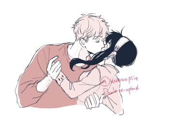 Rule 34 | 1boy, 1girl, arm around waist, black hair, blonde hair, breasts, closed eyes, commentary request, couple, cropped torso, earrings, hair between eyes, hairband, hetero, highres, holding hands, jewelry, kiss, long hair, looking at another, medium breasts, pink sweater, red sweater, short hair, sidelocks, spy x family, sweat, sweater, tori (runrunpiia), twilight (spy x family), twitter username, updo, upper body, white background, white hairband, wide-eyed, yor briar