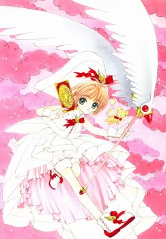 1990s_(style) 1girl antenna_hair bloomers brown_hair card cardcaptor_sakura child clamp cloud clow_card female_focus full_body fuuin_no_tsue hat holding holding_card kero_(cardcaptor_sakura) kinomoto_sakura magical_girl official_art pink_background retro_artstyle solo underwear wand white_bloomers white_hat wings