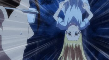 1boy 1girl animated animated_gif black_hair blonde_hair blue_eyes breasts collarbone fantasy_bishoujo_juniku_ojisan_to genderswap genderswap_(mtf) glasses jinguuji_tsukasa long_hair navel outdoors screencap shirt small_breasts stomach tachibana_hinata_(fantasy_bishoujo) tree upside-down white_shirt