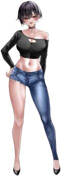 1girl absurdres asymmetrical_clothes bare_legs bare_shoulders black_choker black_hair black_shirt black_shoes blue_pants breasts choker cleavage cleavage_cutout clothing_cutout collarbone commentary_request crop_top full_body hand_on_own_hip highres large_breasts lds_(dstwins97) long_sleeves looking_at_viewer midriff mole mole_on_chest navel off_shoulder open_mouth original pants red_eyes shirt shoes short_hair simple_background single_pantsleg smile solo standing stomach thighs torn_clothes torn_pants white_background