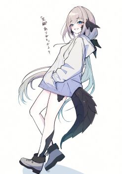 1girl allumer99 blue_eyes brown_hair commentary_request grey_hoodie hair_between_eyes highres hood hoodie long_hair looking_at_viewer original simple_background solo thighs white_background