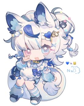 1girl :3 :d animal_ear_fluff animal_ears apron black_shoes blue_eyes blue_hair blue_jacket blue_skirt blue_socks blunt_bangs braid cat_ears cat_girl cat_tail chibi chibi_only commentary dot_nose english_commentary frilled_apron frills full_body grey_hair hand_up heterochromia highres jacket kneehighs long_hair long_sleeves looking_at_viewer multicolored_hair nitrogen_owo open_mouth original pink_eyes shoes signature simple_background sitting skirt smile socks solo streaked_hair striped_clothes striped_socks tail three_emoji_challenge track_jacket twin_braids two-tone_hair white_apron white_background