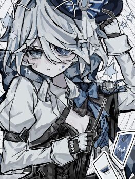 1girl black_gloves blue_bow blue_eyes blue_hair bow cosplay facial_mark frills furina_(genshin_impact) genshin_impact gloves hair_between_eyes hat heterochromia highres juliet_sleeves long_sleeves lynette_(genshin_impact) lynette_(genshin_impact)_(cosplay) mirasan_x multicolored_hair puffy_sleeves solo star_(symbol) star_facial_mark star_tattoo streaked_hair tattoo top_hat two-tone_gloves white_hair