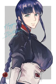 1girl 2024 black_hair bleach braid braided_ponytail breasts green_eyes happy_birthday kurotsuchi_nemu large_breasts long_hair osirichandayoo solo