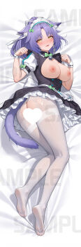 1girl absurdres animal_ear_fluff animal_ears arms_up ass black_dress blush breasts breasts_out butt_crack cat_ears cat_girl cat_tail censored cinnamon_(nekopara) clothes_lift dakimakura_(medium) dress dress_lift feet heart heart_censor highres kaguya_white_rabbit kneepits large_breasts legs long_hair lying maid_headdress nekopara nipples no_shoes on_side pantyhose paw_pose ponytail purple_hair ribbon sample_watermark short_dress smile soles solo tail thighband_pantyhose thighs toes tongue tongue_out torn_clothes torn_pantyhose watermark white_pantyhose wrist_cuffs yellow_eyes