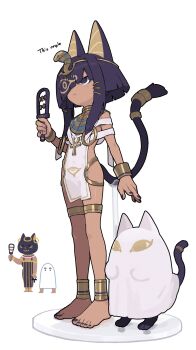 1girl absurdres ancient_egyptian ancient_egyptian_clothes animal_ears anklet barefoot black_eyes black_fur black_hair black_nails bracelet brown_egyptian_cat-eared_loli_(trend) cat cat_ears cat_girl cat_tail closed_mouth commentary_request dark-skinned_female dark_skin faux_figurine flat_chest full_body hair_over_one_eye highres jewelry long_hair original sidelocks simple_background tail tan usekh_collar white_background zizi_niisan