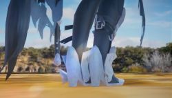 1girl 20s 3d animated armor audible_music bandaged_arm bandages bandai bare_legs bare_shoulders barefoot belt bikini black_hair black_jacket black_pants blurry blurry_background bouncing bouncing_breasts breasts chain changing_clothes cleavage cloud cloudy_sky corset corset_removed dancing denim female_focus gauntlets greaves hair_between_eyes high_heels jacket jeans large_breasts leaf long_hair looking_at_viewer midriff mikumikudance_(medium) mountain multiple_belts multiple_views music namco outdoors pants r-life red_corset revealing_clothes segamex single_gauntlet sky sonevilx sound swimsuit tales_of_(series) tales_of_berseria torn_clothes tree underboob unworn_jacket unworn_pants velvet_crowe very_long_hair video yellow_eyes