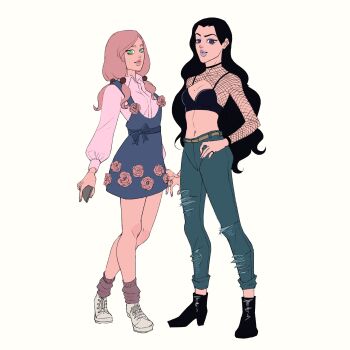 2girls alternate_costume atalajoestar belt black_boots black_bra black_hair blue_eyes boots bra breasts casual cleavage collared_shirt commentary contemporary denim diamond_wa_kudakenai dress english_commentary fishnet_top fishnets flower flower_ornament full_body green_eyes hair_bobbles hair_ornament hand_on_own_hip high_heels highres hirose_yasuho holding holding_phone jeans jojo_no_kimyou_na_bouken jojolion long_hair long_sleeves looking_at_viewer makeup medium_breasts midriff multiple_girls navel pants phone pink_hair pink_shirt pink_socks purple_lips rose shirt shoes smile sneakers socks standing torn_clothes torn_jeans torn_pants underwear white_background white_shoes yamagishi_yukako
