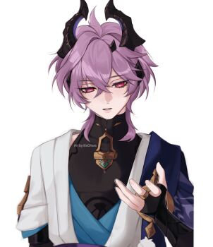 Rule 34 | 1boy, arm at side, armor, artist name, black bodysuit, black bridal gauntlets, black horns, blue cape, blue kimono, blue sleeves, bodysuit, bridal gauntlets, bright pupils, cape, commentary, cosplay, crossed bangs, diamond-shaped pupils, diamond (shape), dragon horns, durin (genshin impact), english commentary, eyelashes, genshin impact, gold, gold ring, hair between eyes, hand up, highres, horns, illa ohara, japanese armor, japanese clothes, juban, kimono, kote, kurokote, layered sleeves, light blush, lipgloss, looking down, male focus, mandarin collar, middle ring, open clothes, open kimono, parted lips, pink eyes, pink hair, pom pom (clothes), portrait, purple horns, scaramouche (genshin impact), short sleeves, shoulder peek, solo, symbol-shaped pupils, tsurime, two-sided horns, wanderer (genshin impact), wanderer (genshin impact) (cosplay), white background, white kimono, white mouth, white pupils, white sleeves