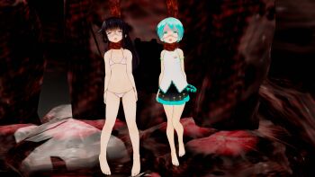 2girls 3d absurdres akatsuki_(kancolle) asphyxiation bad_end bikini black_hair blue_hair blush defeat diamond_chan dungeon dying full_body hanged hatsune_miku highres kantai_collection legs loli mikumikudance multiple_girls open_mouth ryona size_difference strangling strangulation struggling swimsuit tears tentacles thighs tongue tongue_out unconscious vocaloid