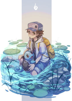 1boy 88_(einnimnech) absurdres alternate_costume backpack bag blue_hat brown_eyes brown_hair closed_mouth commentary_request gen_1_pokemon hat highres hood hood_down hooded_jacket jacket lily_pad male_focus nintendo pokemon pokemon_(creature) red_(pokemon) shirt short_hair shorts squirtle tassel water wristband yellow_bag