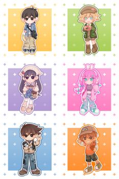 2girls 4boys :d :| \||/ absurdres adjusting_headphones animal_charm animal_ear_headphones animal_ears antenna_hair aqua_shoes aubrey_(birthday)_(omori) aubrey_(faraway)_(omori) aubrey_(omori) bag bag_charm baggy_pants ball bare_shoulders baseball_cap basil_(birthday)_(omori) basil_(faraway)_(omori) basil_(omori) basketball_(object) belt black_bag black_belt black_eyes black_hair black_shirt black_shorts blonde_hair blue_bow blue_eyes blue_jacket blue_outline blue_pants blue_ribbon blue_shoes blue_shorts blush boots border bow braid bright_pupils brother_and_sister brothers brown_bag brown_boots brown_hair brown_hat brown_overalls brown_pants brown_shoes camouflage camouflage_shorts cardigan cardigan_partially_removed character_bag character_charm character_doll charm_(object) chibi chibi_only chinese_commentary chocolate_chip_cookie closed_mouth clothes_writing clothing_cutout collared_jacket collared_shirt commentary_request converse cookie copyright_name crop_top cropped_shirt dark-skinned_male dark_skin deformed denim doll dot_nose double-parted_bangs double_horizontal_stripe drawstring ear_piercing elbow_carry english_text expressionless fake_animal_ears flower_wreath food forest_bunny?_(omori) full_body green_cardigan green_outline green_shoes grey_hat grey_hoodie grid_teeth grin hair_behind_ear hair_between_eyes hair_bow hair_ornament hairclip hand_up handbag hat head_wreath headphones headscarf hector_(omori) hero_(birthday)_(omori) hero_(faraway)_(omori) hero_(omori) highres holding holding_bag holding_ball holding_head_wreath holding_stuffed_toy hood hood_down hoodie jacket jeans kel_(birthday)_(omori) kel_(faraway)_(omori) kel_(omori) kneehighs layered_sleeves leg_hair legs_apart long_hair long_sleeves looking_at_viewer low_ponytail low_twin_braids male_focus mari_(birthday)_(omori) mari_(faraway)_(omori) mari_(omori) mari_(spirit)_(omori) mewo midriff mr._plantegg_(omori) multiple_boys multiple_girls navel newsboy_cap no_sclera official_alternate_costume official_alternate_hairstyle omori open_cardigan open_clothes open_jacket open_mouth orange_background orange_outline orange_shirt outline outside_border outstretched_arm overall_shorts overalls pants parallel_hairclips piercing pink_background pink_bag pink_cardigan pink_hair pink_outline plastic_bag ponytail puffy_long_sleeves puffy_sleeves purple_outline rabbit_ear_headphones rabbit_ears rainbrey_0801 ribbon ribbon-trimmed_pants shirt shoelaces shoes short-sleeved_jacket short_hair short_over_long_sleeves short_ponytail short_sleeves shorts shoulder_bag siblings sidelocks simple_background sleeveless sleeveless_turtleneck smile sneakers socks something_(omori) sparkle standing standing_on_one_leg star_(symbol) stuffed_animal stuffed_toy sunny_(birthday)_(omori) sunny_(omori) sweater tareme thighhighs torn_clothes torn_jeans torn_pants turtleneck turtleneck_shirt turtleneck_sweater twin_braids very_long_hair waving white_border white_cardigan white_headscarf white_jacket white_outline white_pupils white_shirt white_socks white_thighhighs yellow_outline