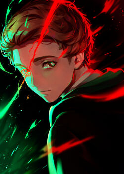 1boy black_background brown_hair expressionless glowing glowing_eyes highres hogwarts_legacy hogwarts_school_uniform looking_back male_focus n2ewu school_uniform sebastian_sallow solo wizarding_world