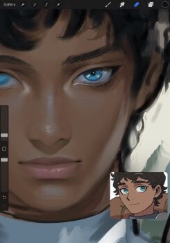 1boy art_program_in_frame bishounen black_hair blue_eyes dark-skinned_male dark_skin dungeon_meshi eyelashes highres kabru male_focus painting_(medium) portrait reference_inset sabertoon_artt solo traditional_media